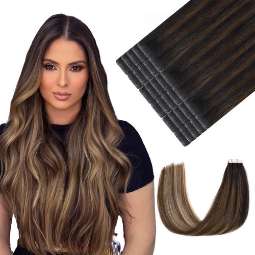 Youngsmile Invisible Tape in Hair Extensions Human Hair #1B/4/27 Natural Black to Chocolate Brown and Caramel Blonde 20pcs 40g 18 Inch Injection Tape in Hair Extensions Human Hair (#1B/4/27,18'')