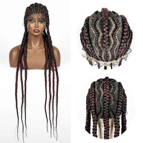 sedittyhair Braided Wigs Synthetic Full Head Lace Wig Braided Wigs for Black Women 36 Inches Braiding Hair Burgundy Color Lace Frontal Lightweight Artificial Braids Wigs with Baby Hair