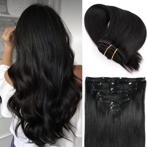 Savasana Clip in Hair Extensions Real Human Hair Straight 7 Pcs Long Black Hair Extensions Double Weft Thick Natural Black 20 Inch 120g