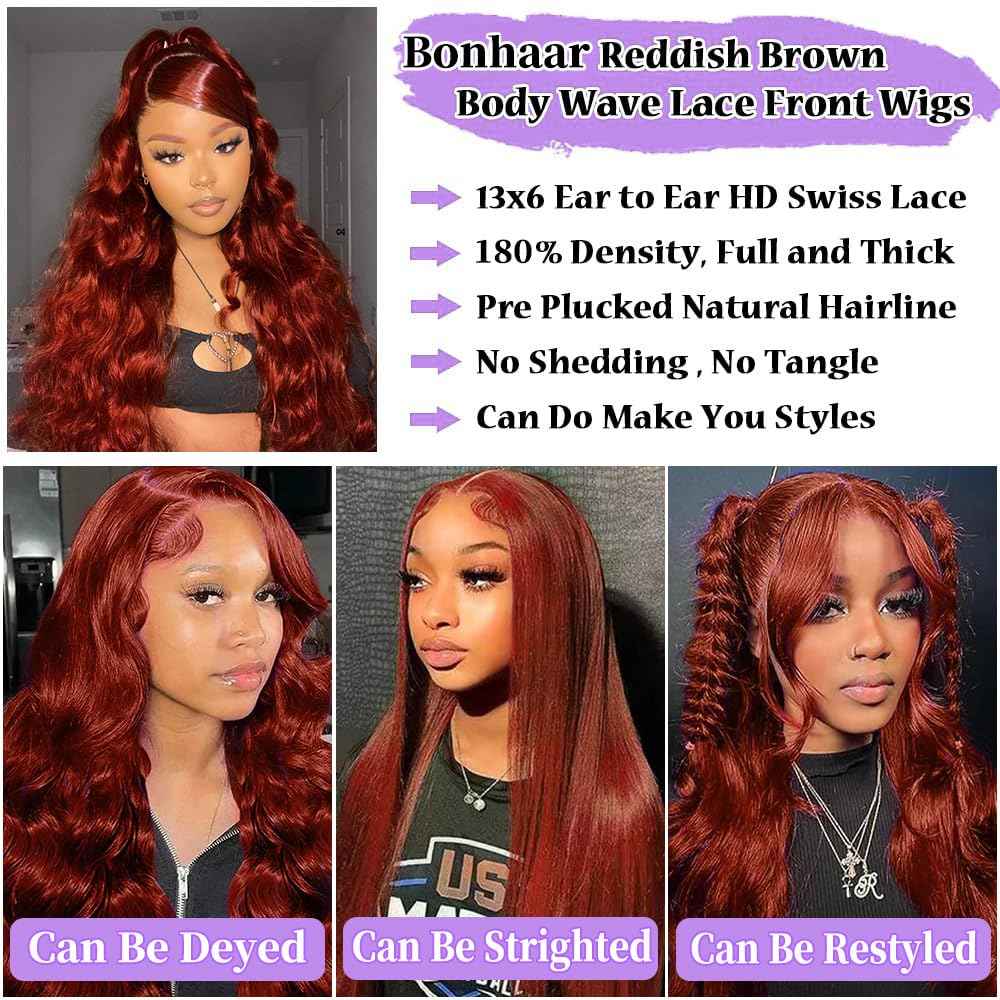 22 Inch Lace Front Wigs Reddish Brown Lace Front Human Hair Body Wave 180% Density 33# Lace Frontal Wig Pre Plucked with Baby Hair for Women Auburn Brown
