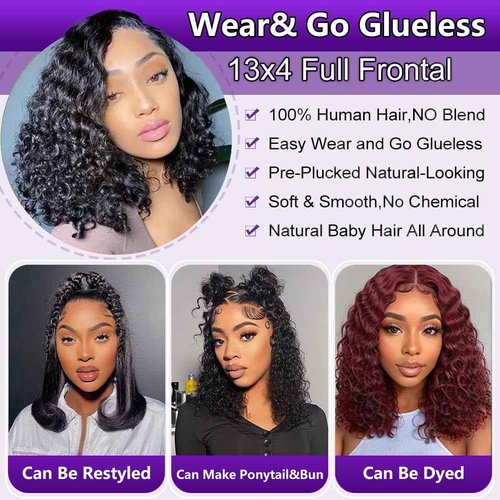 Sungirl Bob Wig Human Hair 13x4 Deep Wave Curly Lace Front Wigs Human Hair For Women Short Bob Wig Pre Plucked with Baby Hair Glueless Hair Curly Wigs Nature Hairline 180% Density 16 Inch