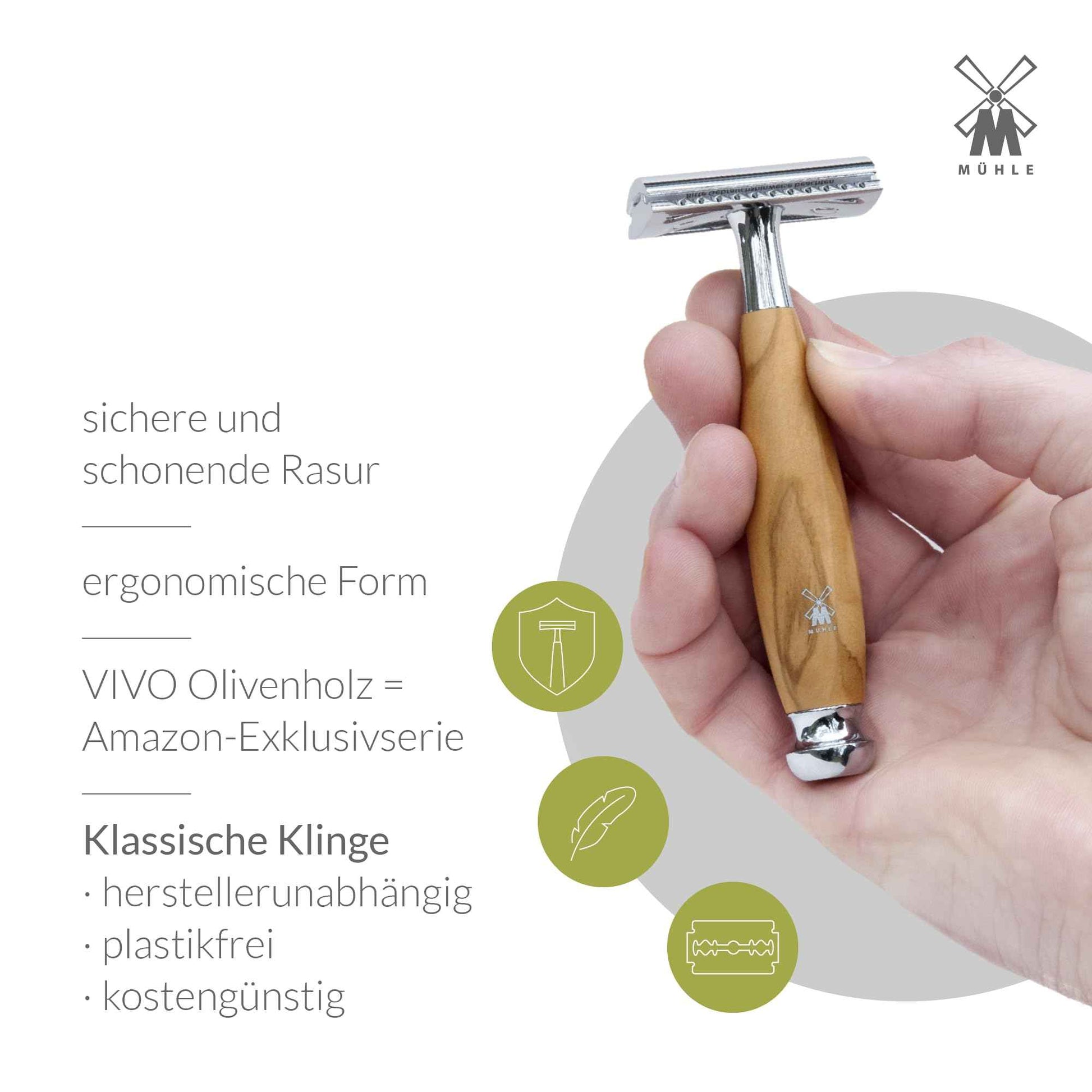 MÜHLE VIVO Olive Wood Closed Comb Safety Razor - Clean Shaving, Modern Design
