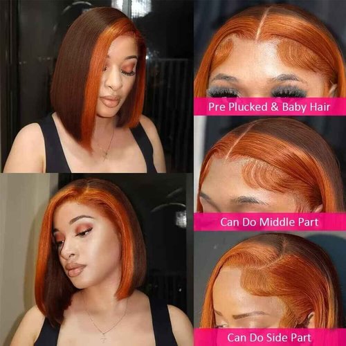 Goldfinch Ginger Orange Highlight Skunk Stripe Short Bob Wigs Human Hair Ombre 13x4 HD Chocolate Brown Straight Lace Frontal Bob Wigs Brazilian Virgin Wig 150% Density Pre Plucked 14 Inch