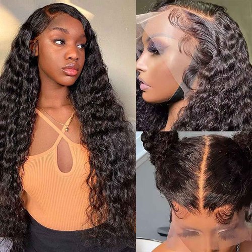 ANLILI 28 Inch Deep Wave Lace Front Wigs Human Hair 13x6 Deep Wave Wigs Human Hair 200% Density HD Lace Frontal Wigs for Balck Women Pre Plucked Glueless Deep Curly Wig Natural Black