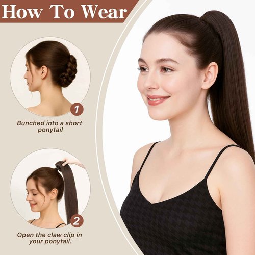 TESSHAIR Claw Clip In Ponytail Extension, 100% Human Hair Ponytail Extension, No Tangle & Smooth, 115g, 18 Inch #Dark Brown