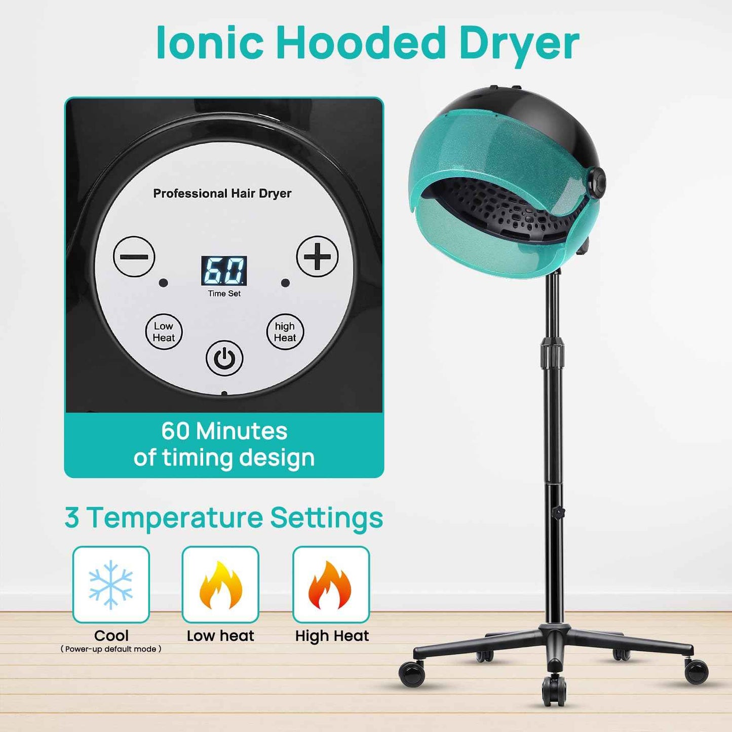 Hooded Hair Dryer, Professional Hood Dryer on Wheels, Standing Hair Dryer with Touch Controls, 3 Settings for Salon and Home Use, 1500W