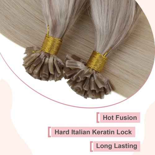 Easyouth U Tip Hair Extensions Human Hair Pre Bonded Hair Extensions Ombre Ash Blonde to Light Blonde Mixed Platinum Blonde Utips Human Hair Extensions Hot Fusion 50g 18inch