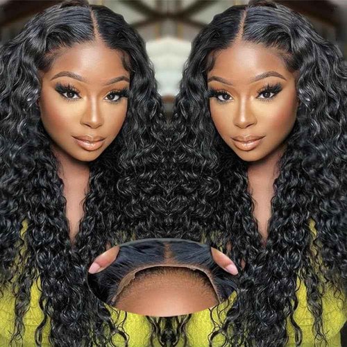ALLRUN Wear and Go 4x4 Water Wave Closure Wig Human Hair 20 Inch Curly Wig for Black Women Glueless HD Lace Pre-Cut Pre-Plucked Bleached 180% Density