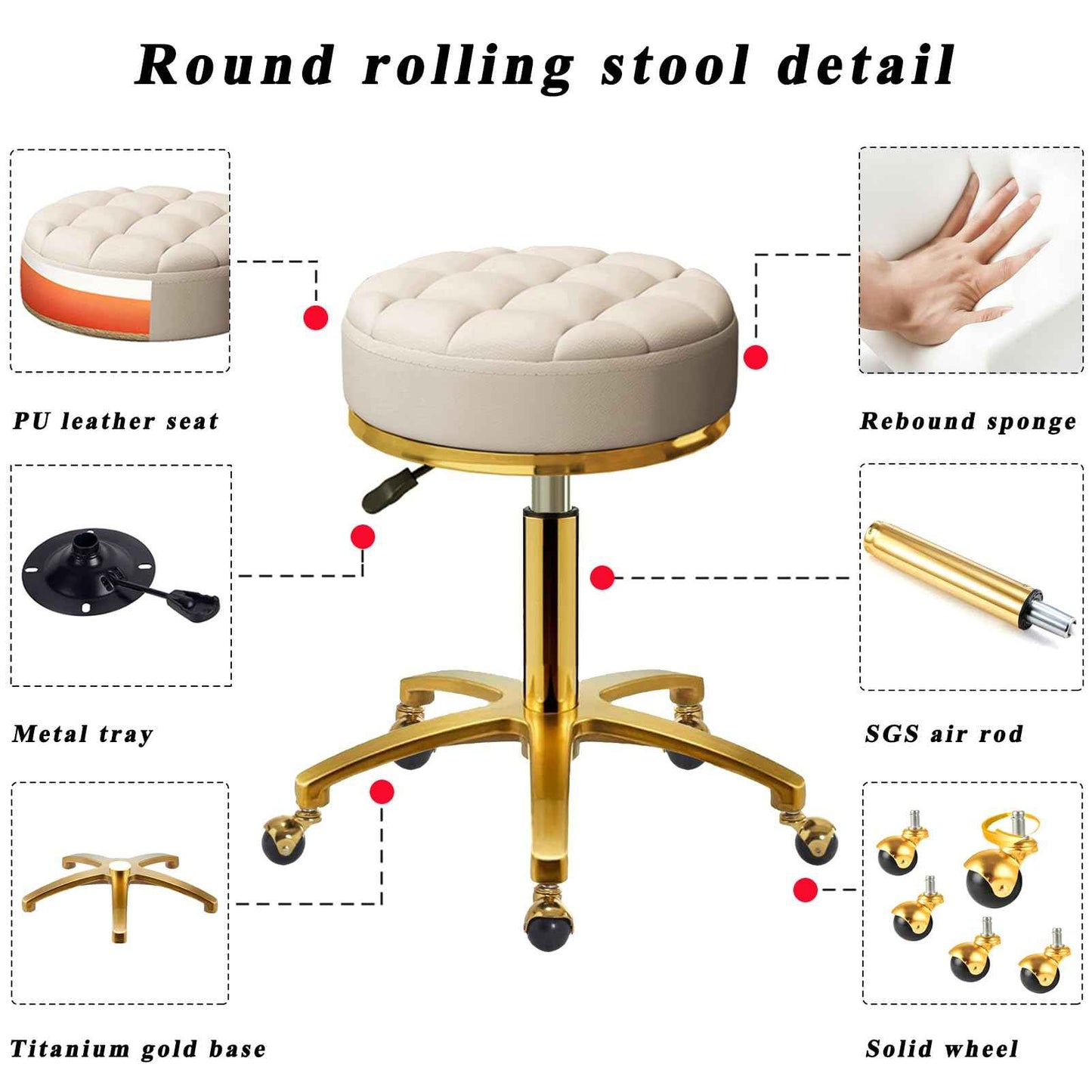 HZLCMPY Rolling Stool Gold Vanity Stool with Wheels, Pedicure Massage Roller Stools, PU Leather Round Swivel Salon Spa Chair, Titanium Gold Base, Height Adjustable 43-55 cm (Off White)
