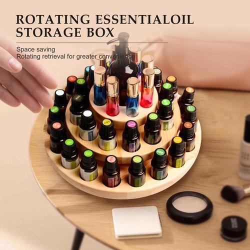 VolksRose Essential Oil Box, Wooden Storage Holds Organizer 39 Slots 3 Layers Essential Oil Container, Aromatherapy Natural Wood Round Rotating Display Rack