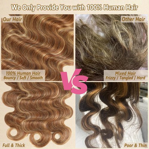 Seekomi Ombre Human Hair Bundles 14 16 18 Inch Highlight 4/27 Body Wave Bundles Human Hair 12A 100% Virgin Colored Brown and Blonde 3 Bundles Human Hair Double Weft Quick Weave for Women, 300g