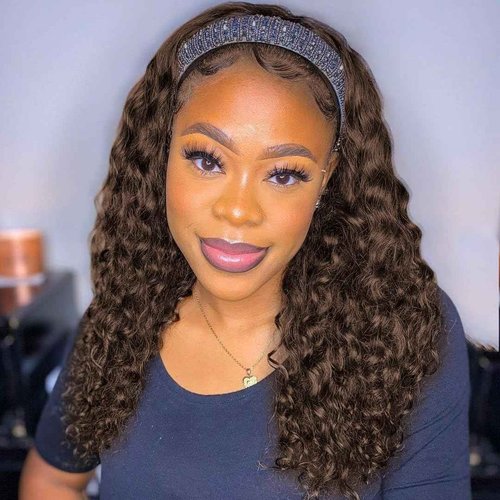 Chocolate Brown Deep Wave Headband Wig Human Hair #4 Colored Curly Headband Wigs for Black Women Human Hair Glueless None Lace Front Wigs Brazilian Virgin Hair Wig Machine Made 150% Density 22 Inch