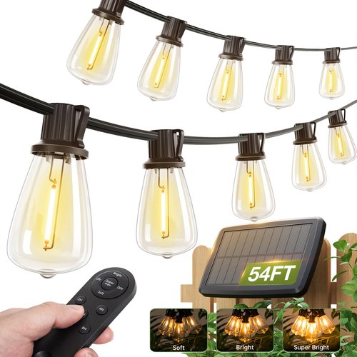addlon 54(48+6) FT Solar String Lights Waterproof,Patio Lights Solar Powered with Remote & USB Port 15+1 LED Shatterproof Bulbs 3 Light Modes, Dimmable Solar Light for Camping Backyard Garden