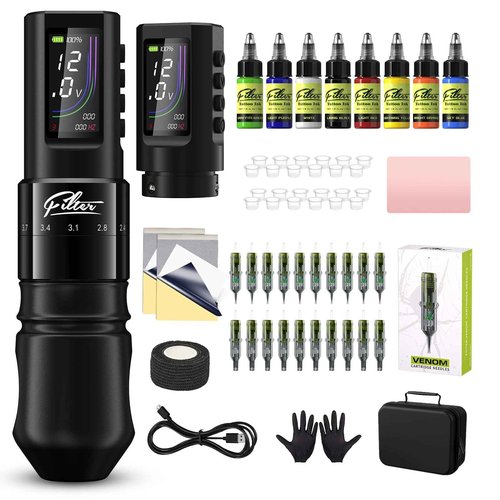 Filter Tattoo Gun Kit - Tattoo Machine Kit with 7 Strokes 2.0-4.0mm Tattoo Machine, Extra 1600mAh Battery Power Supply, 20Pcs Tattoo Needles and 8 Color Inks for Beginners and Artists (X40)