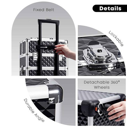 Yueieoun Rolling Makeup Train Case, 4-in-1 Cosmetology Case on Wheels, Nail Tech Cart for Travel, Professional Cosmetic Vanity Case, Suitcase for MUA/Manicure/Tattoo/Style, Lockable Storage Box, Black