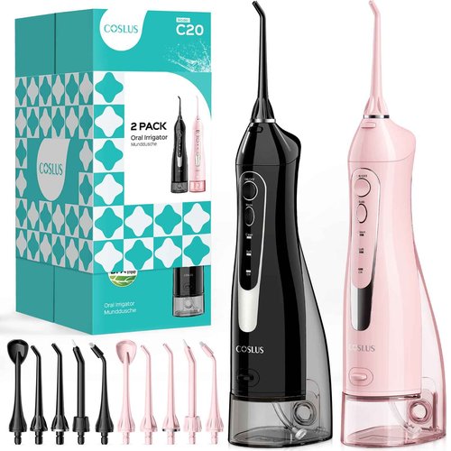COSLUS 2 Pack Cordless Water Flosser with Elegant Packaging for Teeth, Braces, Gums Care - Easy to Use, Rechargeable, Waterproof, Portable for Travel, BPA-Free, Black & Pink, C20(F5020E)