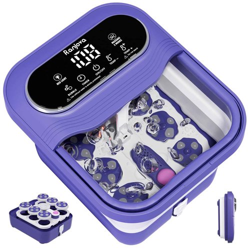 Ranjova Foot Spa Electric Rotary Massage, Collapsible Foot Bath with Heat, Bubble,Temp Control, and 24 Motorized Shiatsu Massage Balls, Pedicure Foot Spa for Feet Relaxation (Blue)