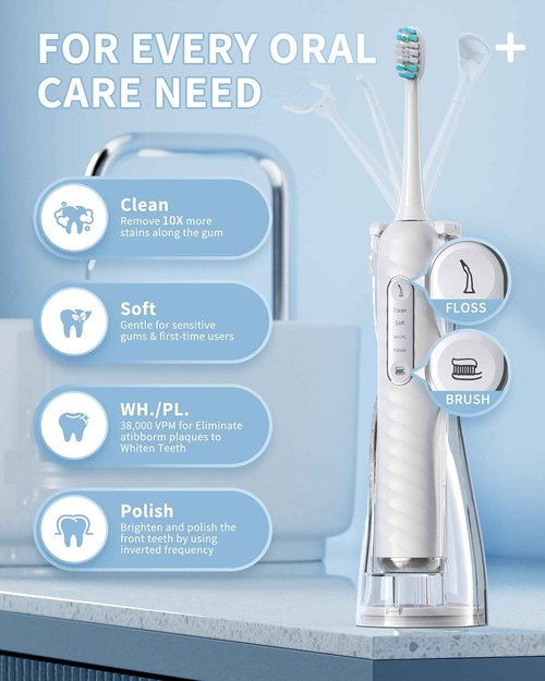 Duolosy Electric Toothbrush with Water Flosser, 4 in 1 Cordless Toothbrush and Water Flosser Combo for Multiple Users and Needs, Flossing Toothbrush Portable for Travel and Home, White
