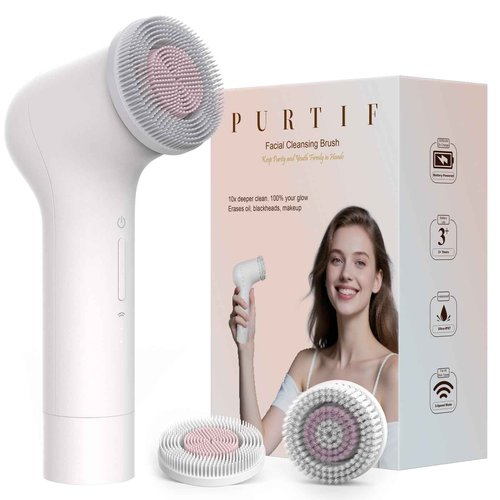 PURTIF Electric Facial Cleansing Brush - Rechargeable Silicone Face Scrubber exfoliator, Face Pore Cleansing Brush,3 Speeds,Waterproof, Exfoliating & Massage,for Women & Men.for Face Skin Issues,White