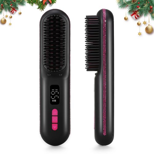 CHRISTINE SHELLY Hair Straightener Brush, Portable Cordless Mini Straightening Brush for Travel, Negative Ion Hot Comb Hair Straightener with 9 Temps for Women, Anti-Scald Ceramic, Fast Charge