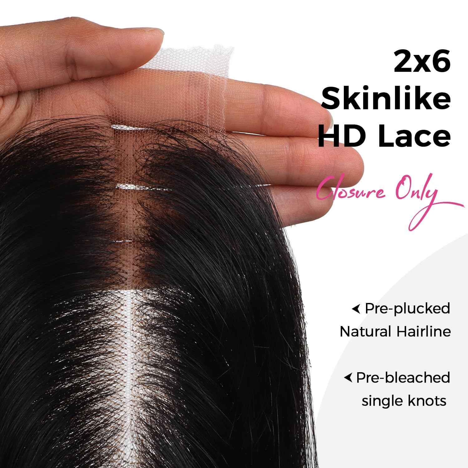 Lashey 2x6 SKINLIKE HD Lace Closure Human Hair Body Wave, 0.10mm Ultra-Thin Invisible Real HD Lace, Pre-Bleached Knots and Pre-Plucked Hairline 18 Inch Natural Black