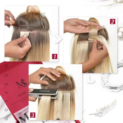 Moresoo Tape in Hair Extensions Human Hair #1 Jet Black Hair Tape in Human Hair Extensions Invisible Glue in Extensions Real Hair Straight 40 Pieces 100g 24 Inch
