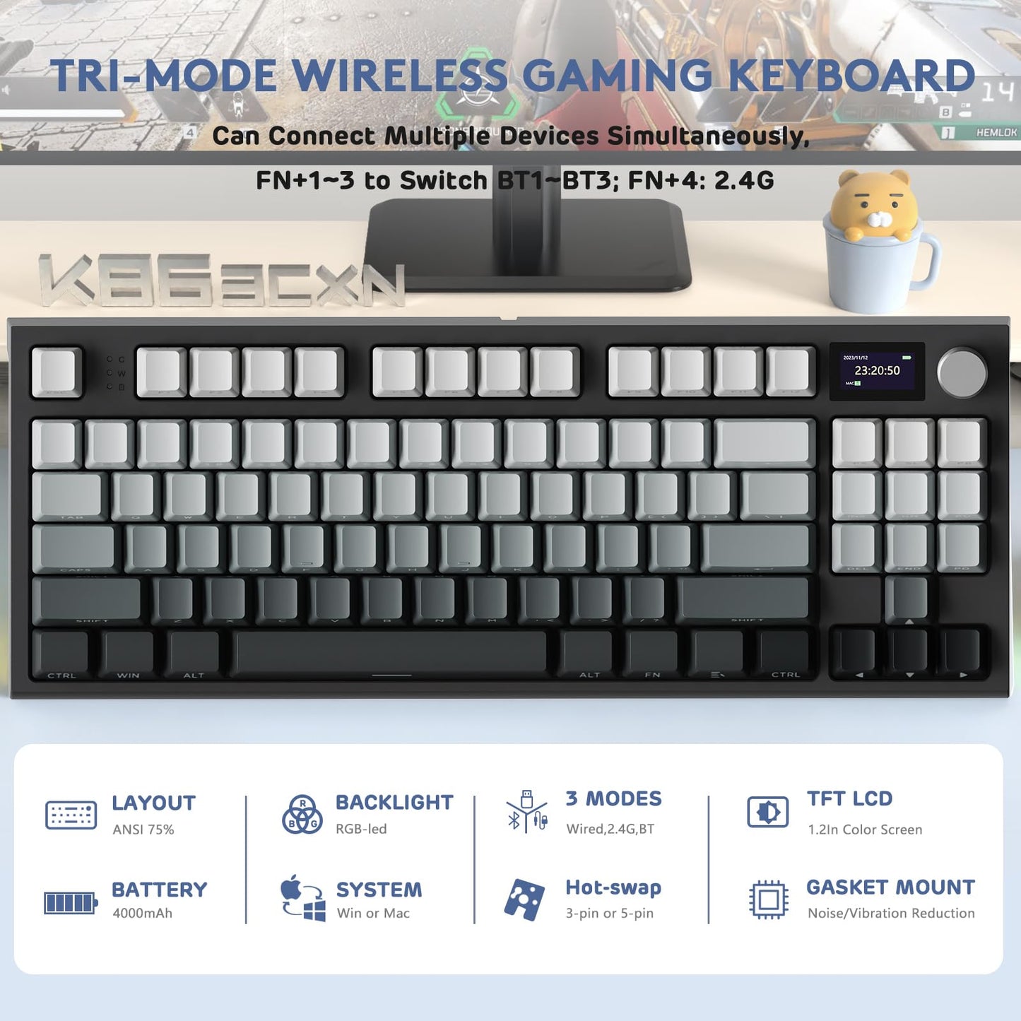 RK86 RGB 75% Wireless Gasket Mechanical Keyboard,Triple Mode Bluetooth5.0/2.4G/USB-C 82 Keys Hot Swappable Gaming Keyboard 4000 mAH Battery w/Knob & 1.2'' HD OLED Display,Custom Linear Switches