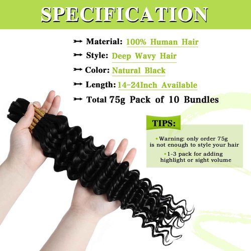 Human Braiding Hair for Boho Braids 75g 24 Inch Deep Water Wave Bulk Human Hair for Braiding No Weft 12A Boho Curly Human Hair for Braiding 10 Bundles/Pack Natural Color