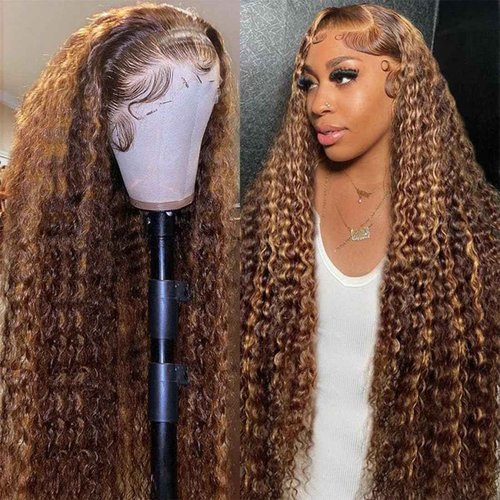 UFHUFH 30 inch Honey Blonde Wig Human Hair 13x4 Highlight Ombre Lace Front Wig Human Hair 200 Density HD Lace 4/27 Deep Wave Frontal Wigs for Women