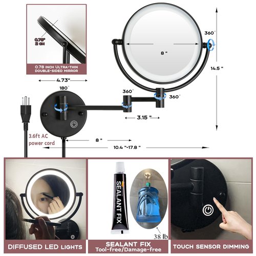 RECKODOR 8" Brass Wall Mounted Lighted Makeup Vanity Mirror with Magnification, 1X/5X Double Sided Bathroom Magnifying Mirrorwith with Dimmable LED Lights, Matt Black, Plug Powered