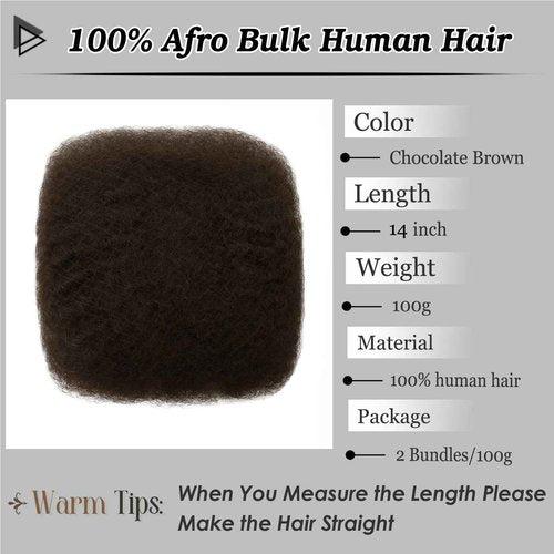 Haftaluv Afro Kinkys Bulk Human Hair 100g 14 Inch Chocolate Brown Afro Kinky Curly Human Hair Bulk for Dreadlock Extensions, Micro Locs, Braiding Twists, Braids and Repair Locs(14 Inch, 4#)