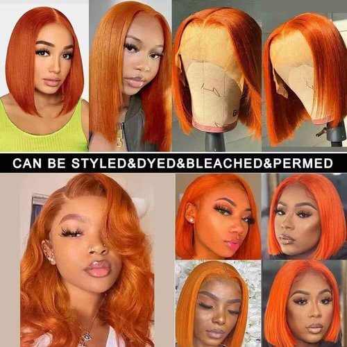 #350 Ginger Orange Bob Wig Human Hair 13x4 Straight Hd Ginger Bob Lace Front Wigs Human Hair Wear and Go Glueless Wigs 14 Inch Pre Plucked with Natural Hairline Frontal Short Bob Wigs For Black Women