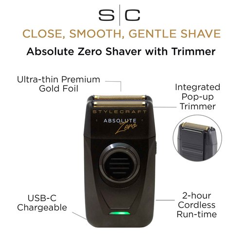 StyleCraft Absolute Zero Foil Shaver – Close, Smooth Shave with Retractable Precision Trimmer, USB-C, Cord/Cordless, Lightweight & Travel-Friendly