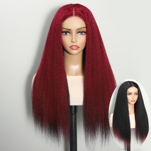 Sogram Wear and Go Glueless Yaki Straight Human Hair Wig Double Wear Wig No Glue Transparent HD Lace Wig 4x4 Kinky Straight Lace Closure Wigs Human Hair 180% Density 22 Inch (Red and Black)