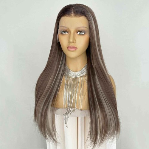 CIMITIKI Ash Brown Flaxen Color Wigs Highlight Blonde Hair 13x4 Lace Front Wig Long Silk Straight Synthetic Fiber 22Inch for Women