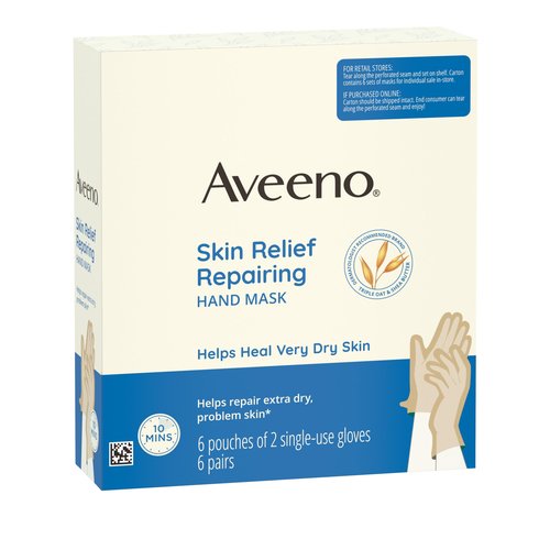 Aveeno Skin Relief Repairing Hand Mask, Moisturizing Gloves with Prebiotic Oat & Shea Butter for Very Dry Skin, Hand Care for Sensitive Skin, Fragrance-Free, Value Pack, 6 Pairs of Single-Use Gloves