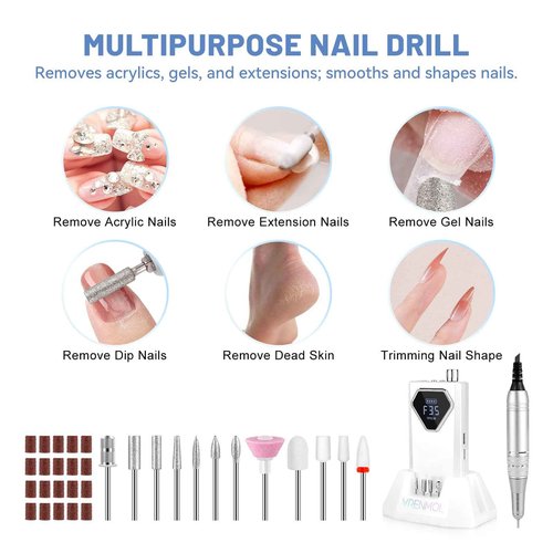 Vrenmol Professional Electric Nail Drill: 35000RPM Rechargeable Nail Drill Machine with Base Portable Nail File with Nail Drill Bits for Remove Gel Dip Acrylic Nails Nail Art Salon Use White