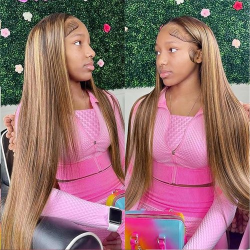 Mysyty Highlight Straight 13x4 HD Lace Front Wig 4/27 Straight Lace Frontal Wigs Human Hair Pre Plucked With Baby Hair Honey Blonde Ombre Wig For Women Glueless Wig Human Hair 24 Inch 180% Density