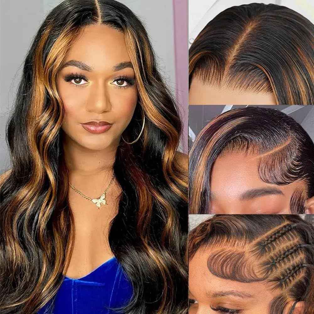1B/30 Highlight Ombre Lace Front Wigs Human Hair 13x6 HD Glueless Body wave Lace Frontal Wigs 180% Density Brazilian Virgin Human Hair Wigs for Women Pre Plucked with Baby Hair (1B30, 24Inch)