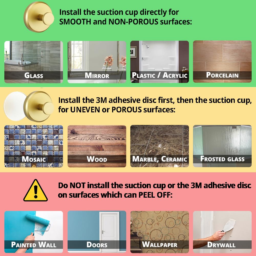 HOME SO Suction Cup Hooks for Shower, Bathroom, Kitchen, Glass Door, Mirror, Tile – Loofah, Towel, Coat, Bath Robe Hook Holder for Hanging up to 15 lbs – Waterproof, Matte Brushed Satin Gold (2-Pack)