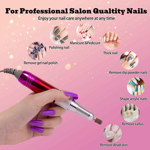Electric Nail Drill Machine 35000RPM Professional Portable Nail File Cordless Rechargeable Nail Efile for Acrylic Gel Nails Manicure Pedicure Polishing Shape Tools for Salon Home Use (Snowflake Pink)