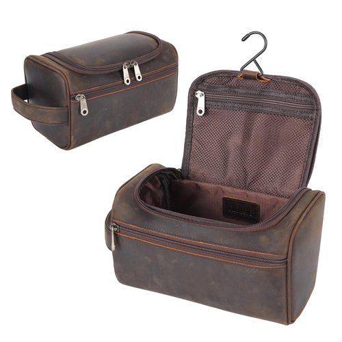 TIDING Mens Leather Hanging Toiletry Bag Travel Shaving Kit Portable Makeup Cosmetic Organizer Wash Case
