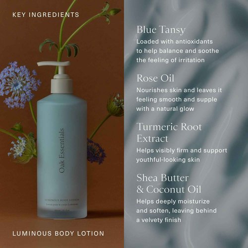 Oak Essentials Luminous Body Lotion | Hydrating Blue Tansy Body Lotion with Rose Oil, Turmeric, Shea Butter and Coconut Oil, 10.1 Fl Oz