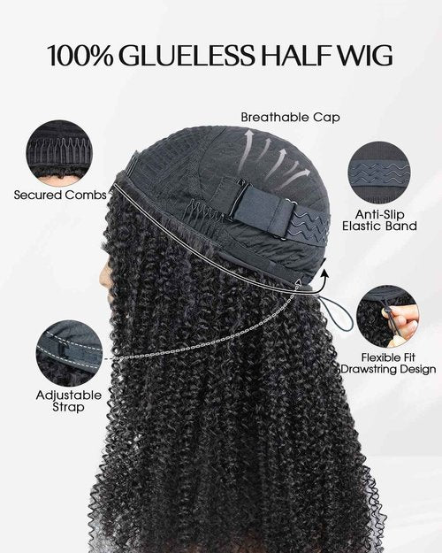 FACMOOD Kinky Curly Half Wig Human Hair 200% Density Wear and Go Glueless Wigs Human Hair Half Wigs with Drawstring 3 In 1 Flip Over Headband Wig for Women Beginner Friendly 16 inch
