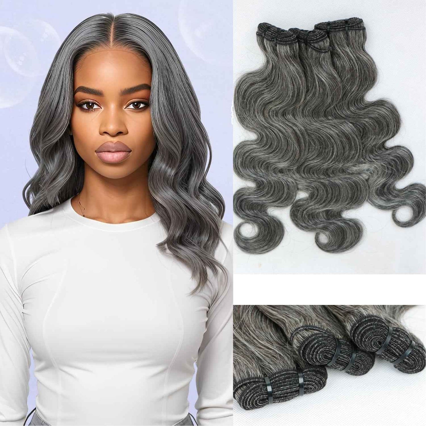 Grey Bundles Human Hair 10 12 14 Inch Salt and Pepper Body Wave Human Hair White Grey Wet and Wavy 3 Bundles Human Hair Extensions 100% Unprocessed 12A Brazilian Hair for Black Women