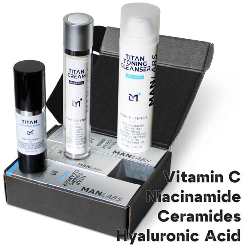 Man Labs Titan Anti-Aging Mens Skin Care Kit – Cleanser, Face Serum, Mens Face Moisturizer – Men, Skin Care Set – Dark Spots, Wrinkles, Fine Lines – Vitamin C, Niacinamide, Ceramides, HA – Unscented