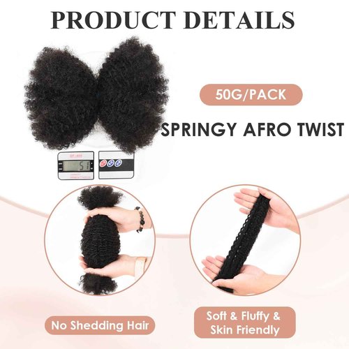 Teresa Springy Afro Twist Human Hair for Braids and Dreadlocks, Natural and Soft pre Fluffed Spring Twist Hair Can be Dyed and Bleached (22 Inch, 50g/Pack)