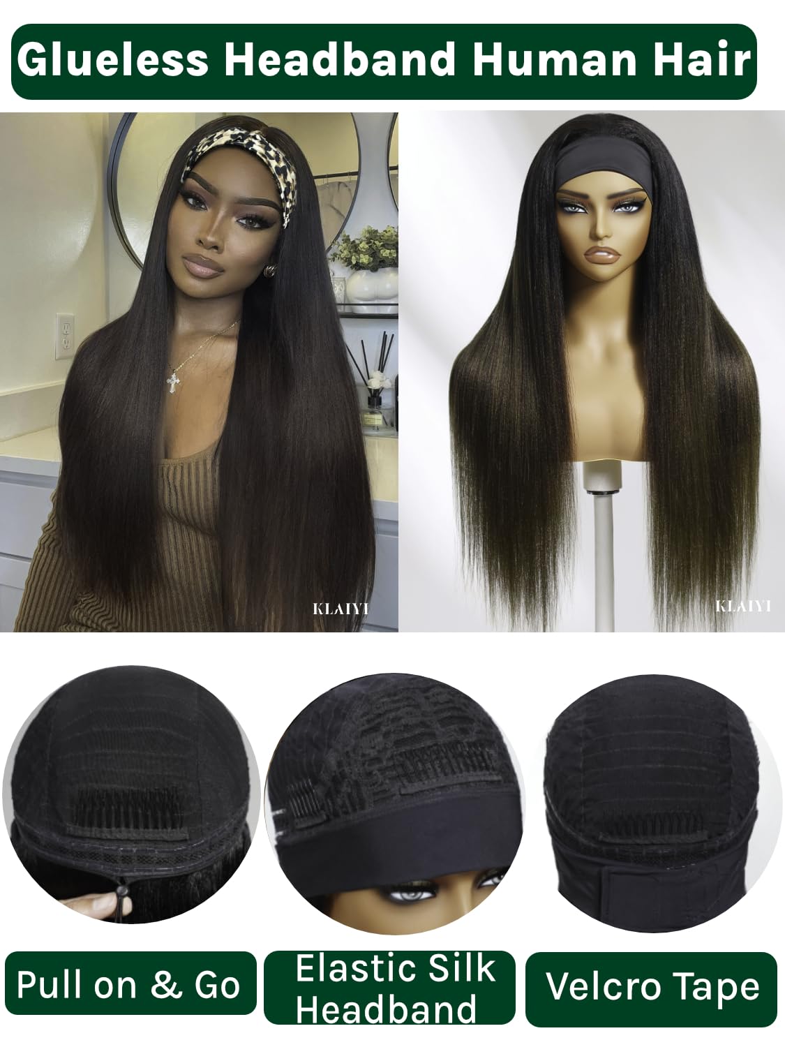 KLAIYI Ombre Brown Yaki Straight Headband Wig Human Hair Glueless Wear and Go Wig with Dark Roots Drawstring Chestnut Kinky Clip In Half Wigs for Black Women No Lace No Glue 30S Ready to Wear 18Inch