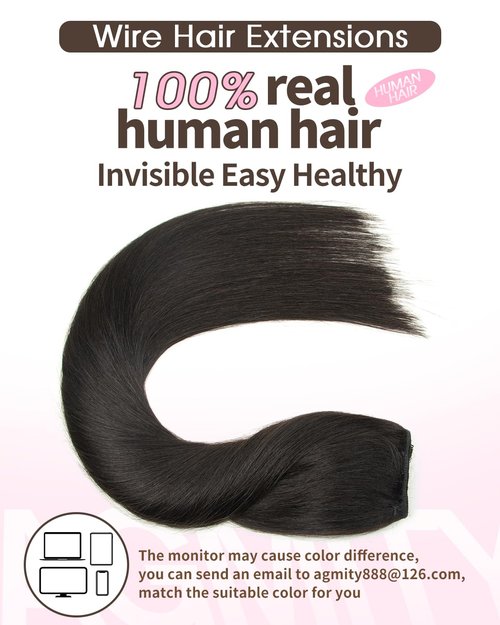 AGMITY Wire Hair Extensions Real Human Hair Darkest Brown 100g invisible Removable Thick Straight Fishing Line One Piece Clip in Extensions Human Hair(20 Inch #2 Darkest Brown）