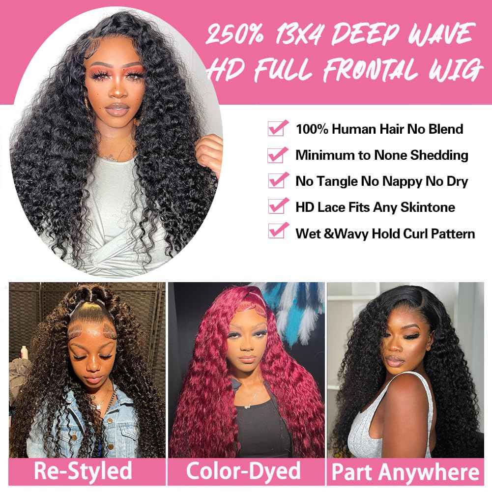 250 Density Deep Wave Lace Front Wigs Human Hair Curly Wig Wet and Wavy Lace Front Wigs Pre Plucked Frontal Wigs 24 Inch 100% Real Human Hair No Synthetic No Tangle No Shedding Triple Lifespan 3X